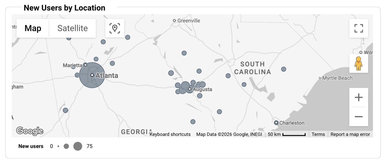 Google Analytics report — New users by location from a client's Google Analytics — real, growing audience reach.